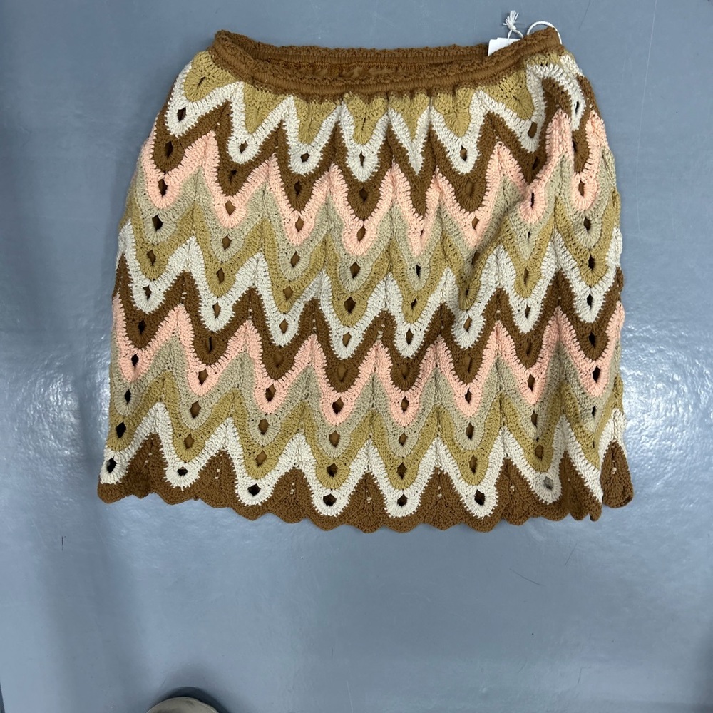 Free People A-Line Crochet Skirt - Brown, Pink, Cream